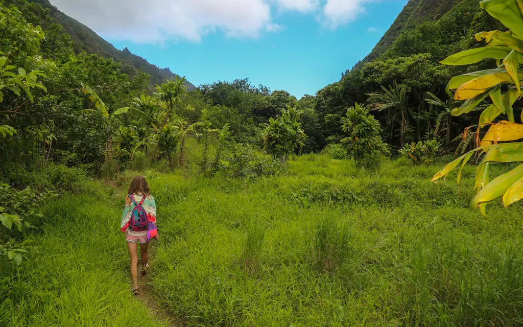 A hiker on a green valley trail framed by steep ridges, one of the best hikes in Maui