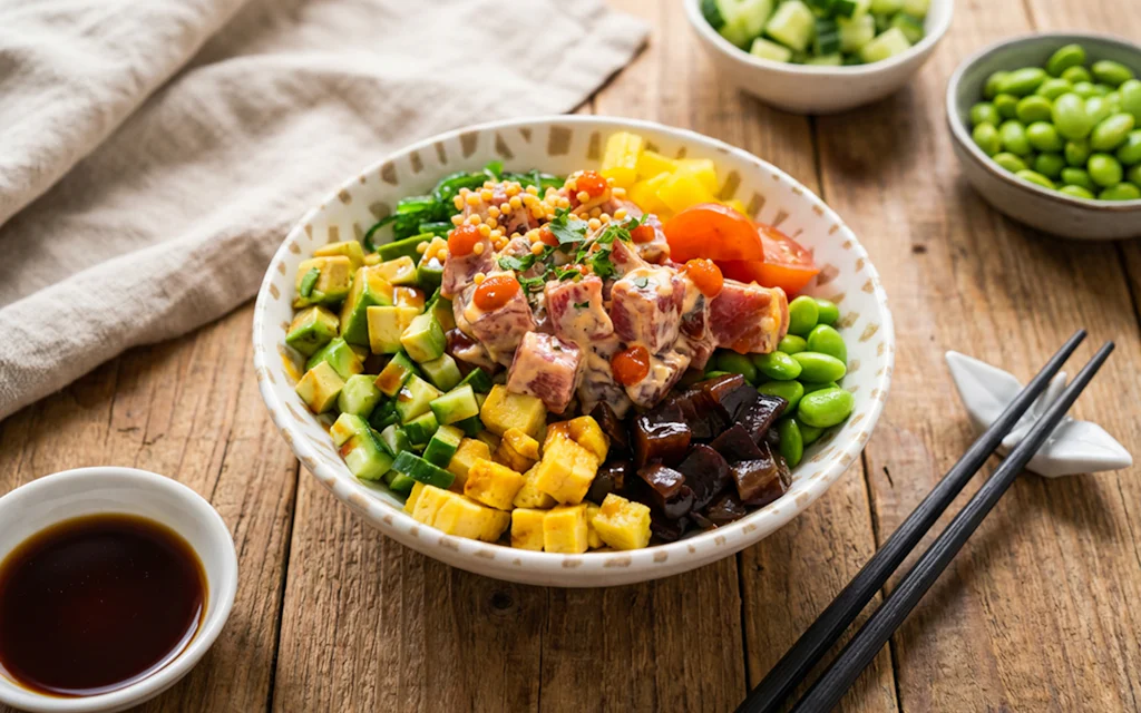 A Hawaiian poke bowl with ahi tuna, avocado, and edamame