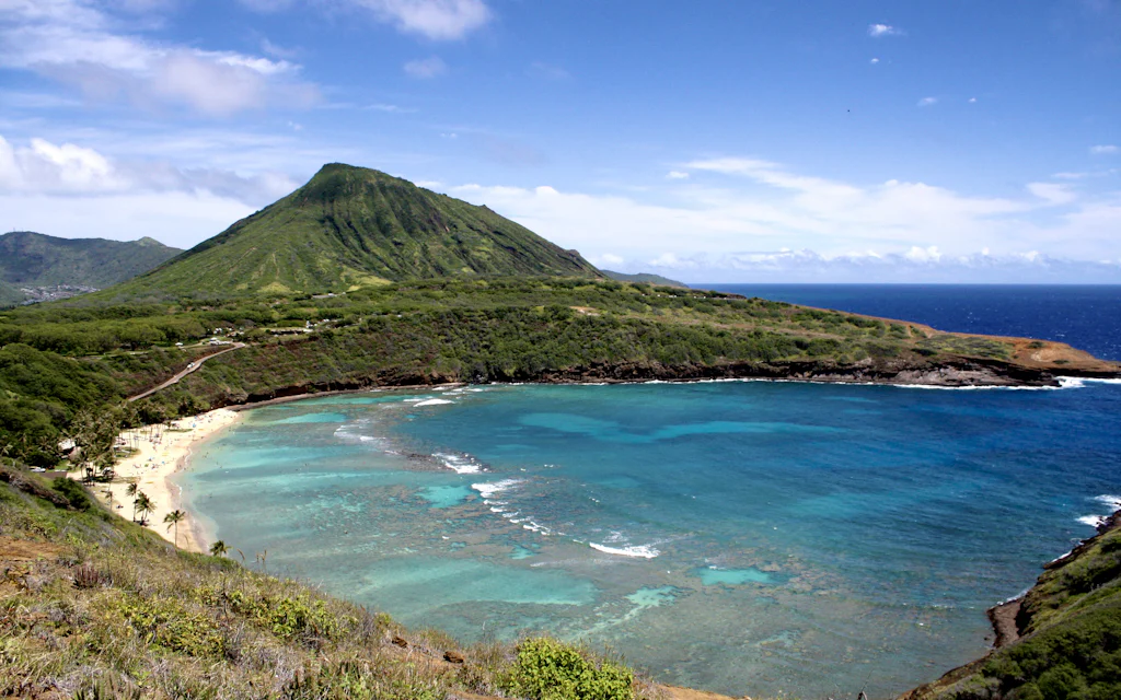 Aerial view of Hanauma Bay, the best snorkeling spot on Oahu, with bright blue water