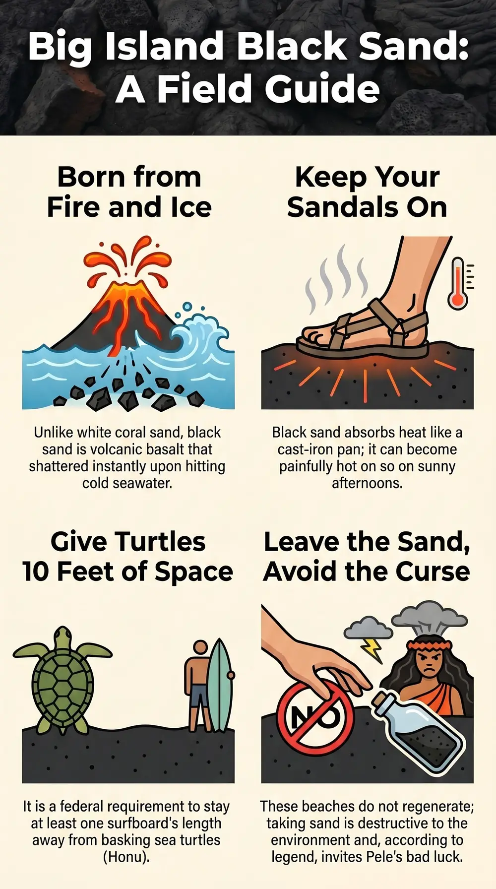 Infographic field guide to Big Island black sand beaches, how black sand forms from lava, that it gets painfully hot, giving sea turtles ten feet of space, and why you should never take the sand