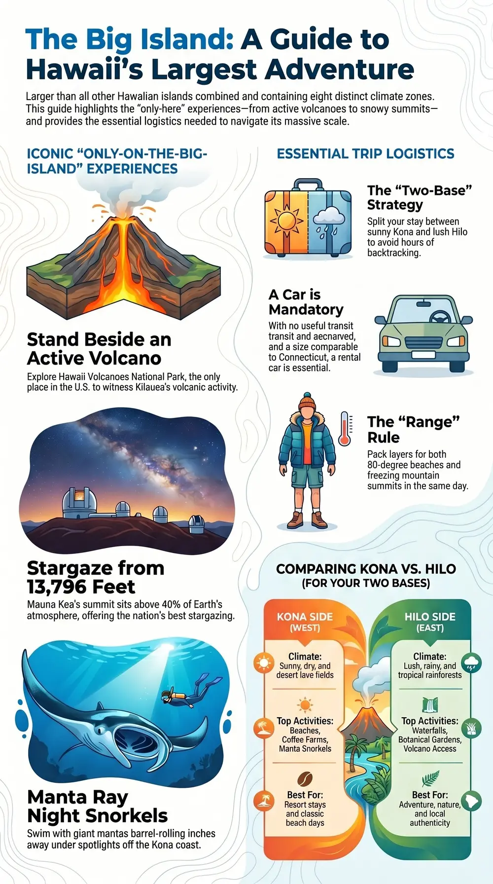 Infographic, a Big Island travel guide, an active volcano, Mauna Kea stargazing, the manta ray night snorkel, the two base Kona vs Hilo strategy, and why a rental car is essential