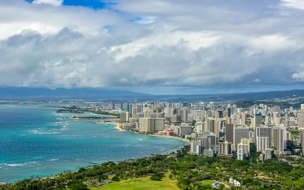 View of the Honolulu skyline and ocean from the Diamond Head summit on Oahu