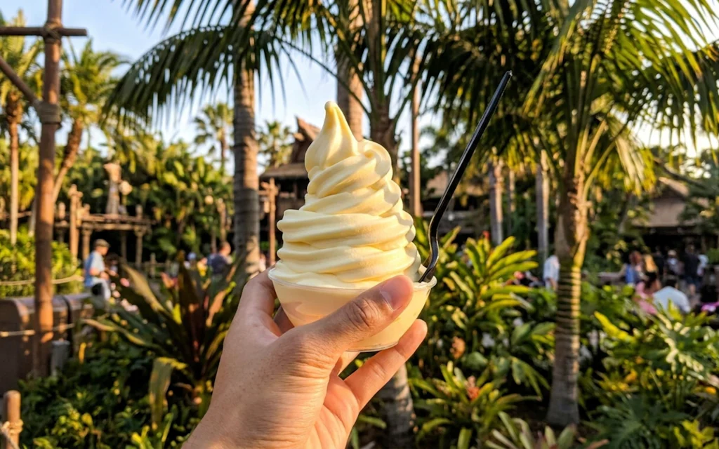 Hand holding a Dole Whip, the frozen pineapple dessert that is the star of a Dole Plantation Oahu visit