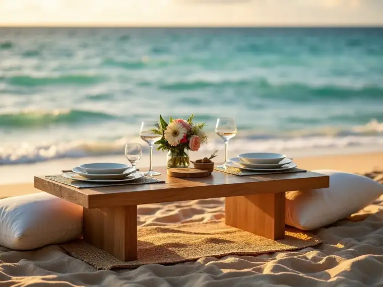 A styled sunset beach picnic for two on the sand