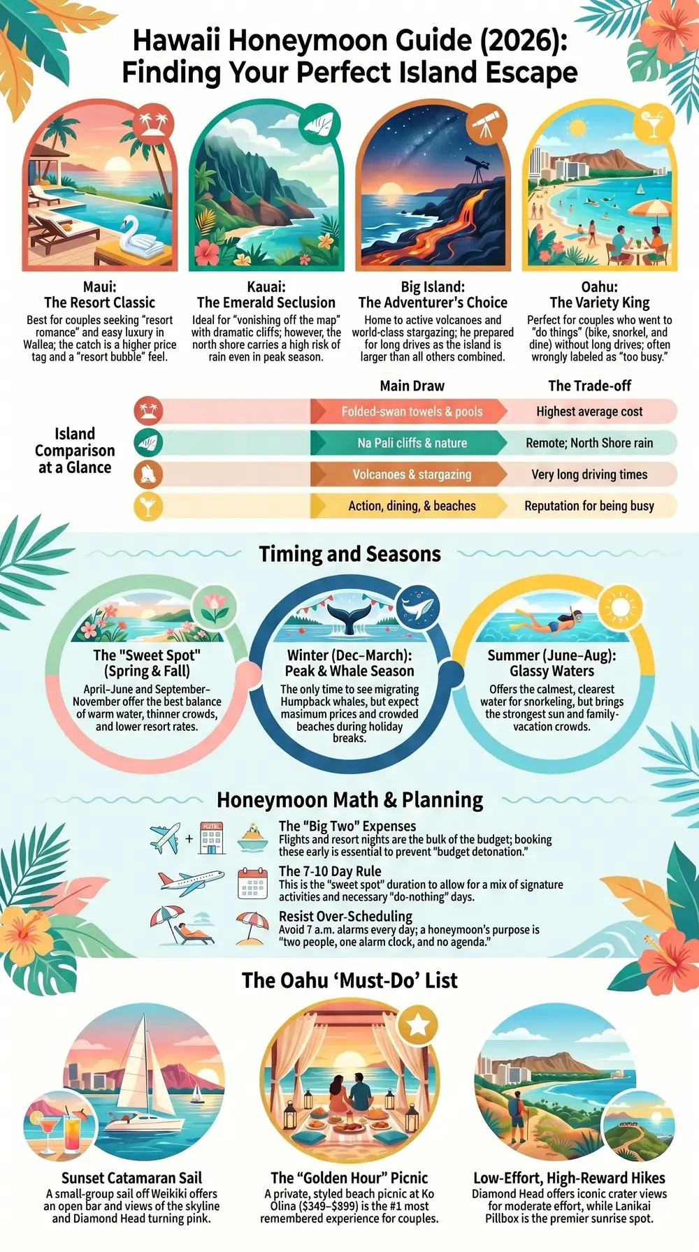 Infographic, a Hawaii honeymoon planning guide comparing Maui, Kauai, the Big Island and Oahu, with the best seasons, budgeting tips, and an Oahu must do list