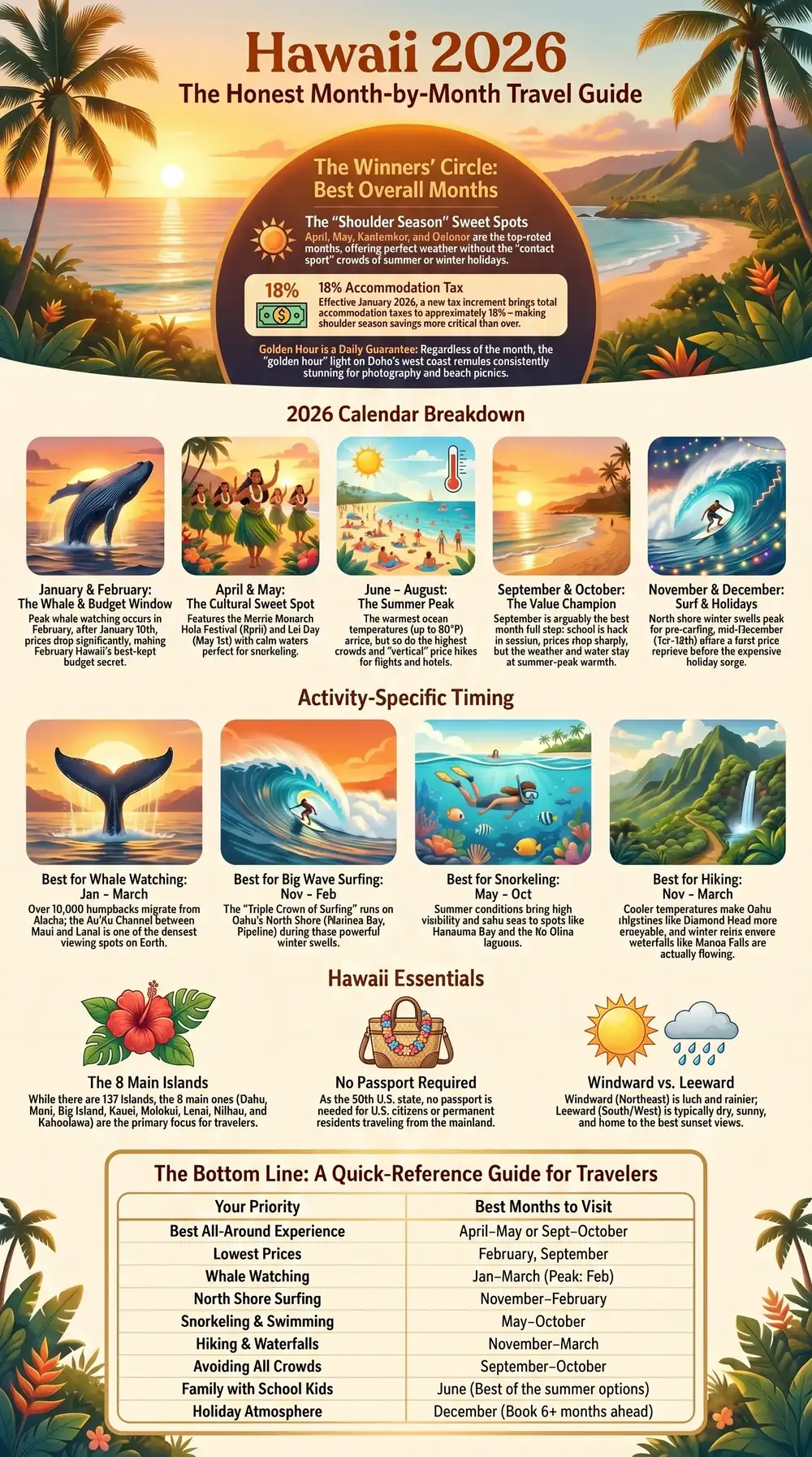 Infographic, a month by month guide to the best time to visit Hawaii, with the best overall months and timing for whale watching, big wave surfing, snorkeling and hiking