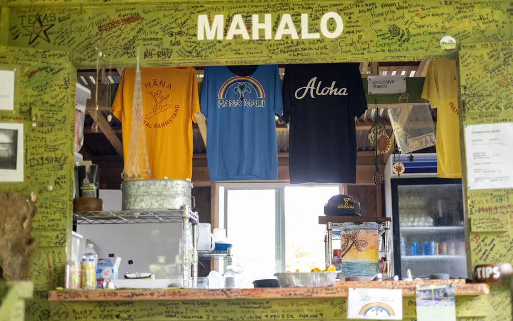 Aloha shirts on display in a Hawaii shop