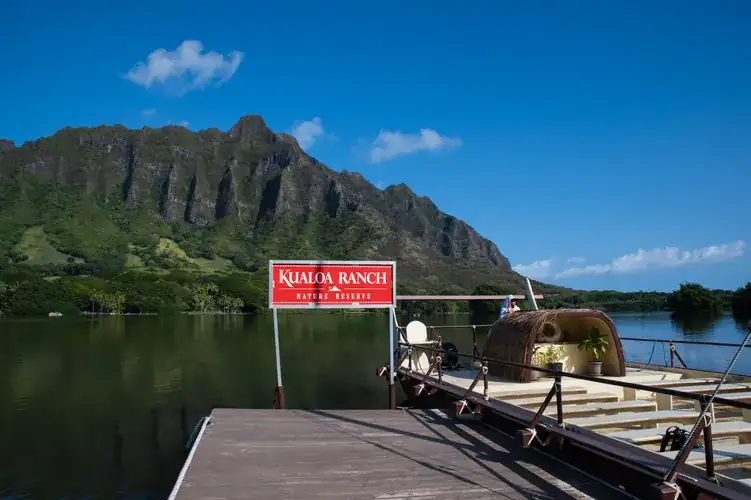 Aerial view of the Kaaawa Valley ridgeline and coast at Kualoa Ranch on Oahu, the Jurassic Park filming location
