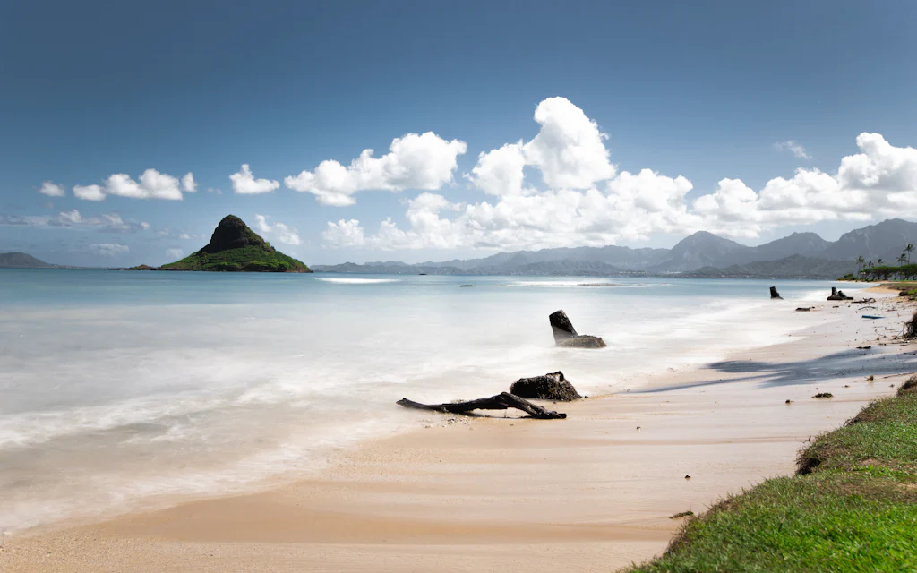 Aerial view of Lanikai Beach and the Mokulua islands on Oahu's windward coast