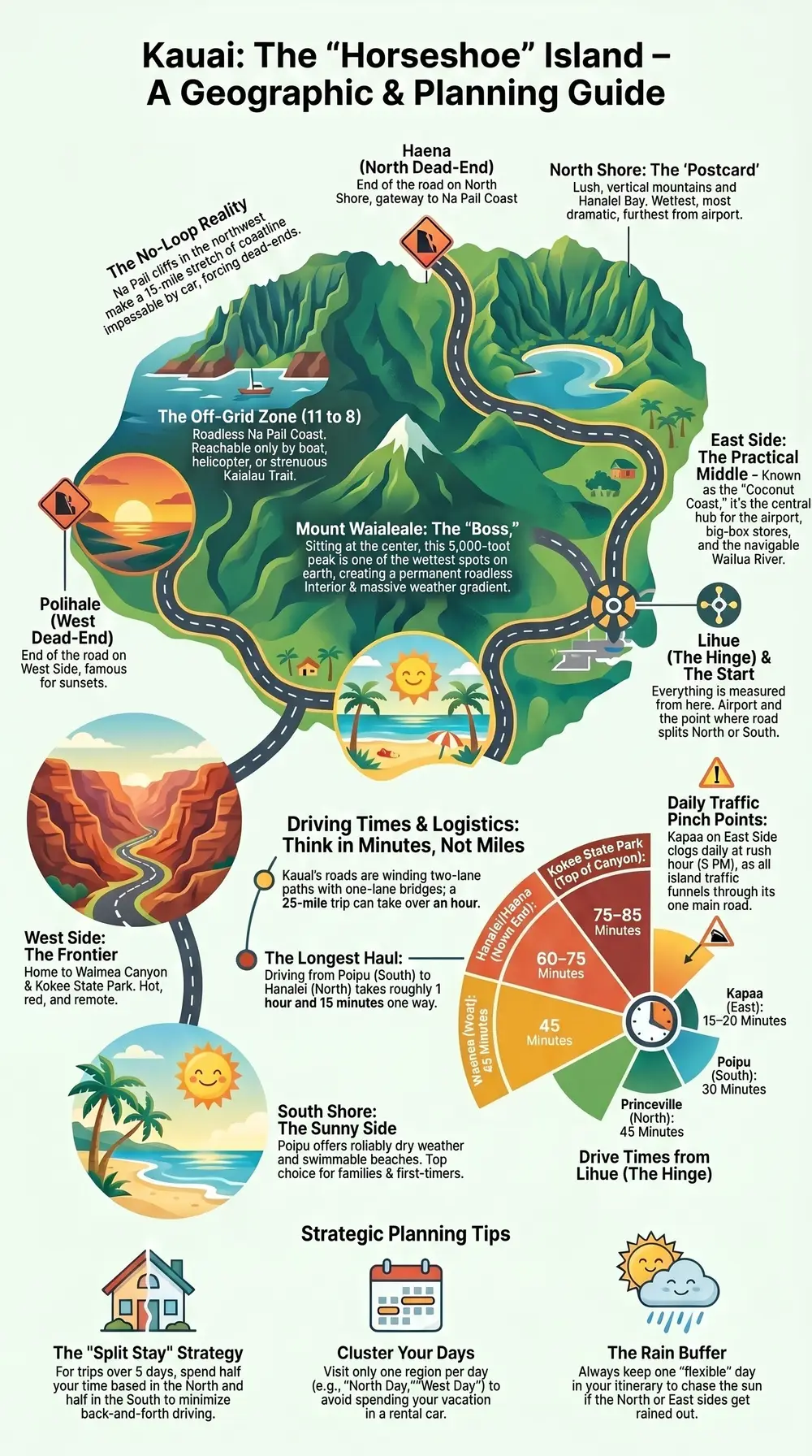 Infographic: a geographic and planning guide to Kauai, the horseshoe island — the no-loop road, the five regions, Mount Waialeale, drive times from Lihue, and the split-stay strategy