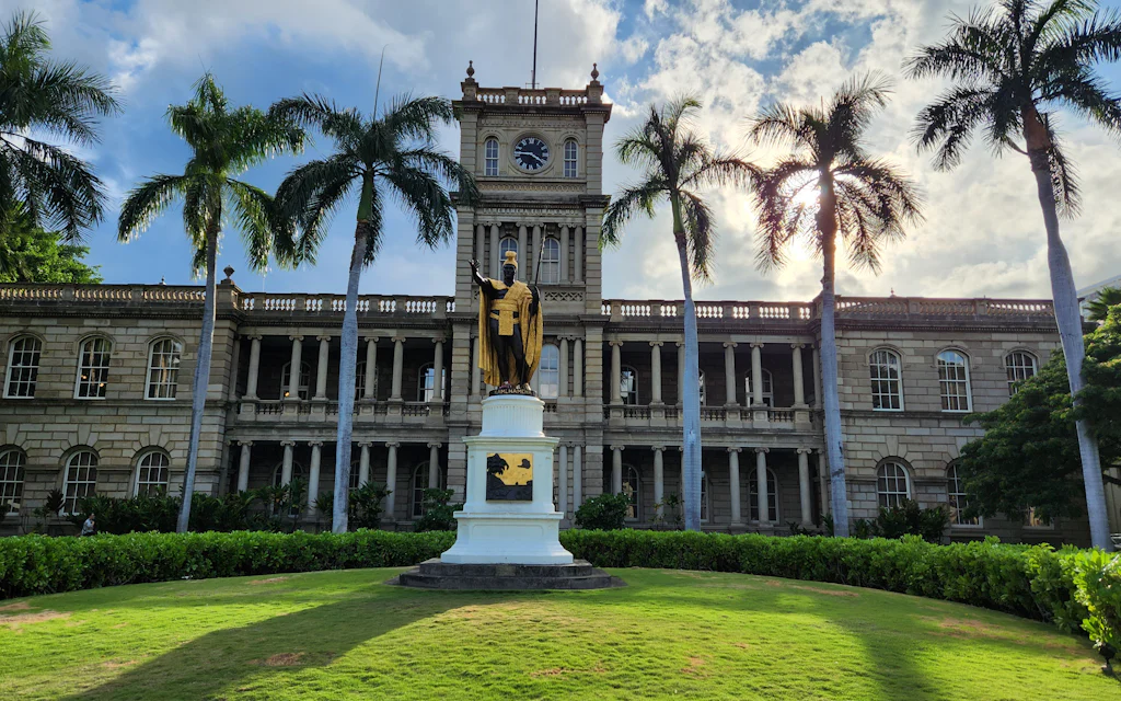 The King Kamehameha statue in front of Aliiolani Hale in downtown Honolulu