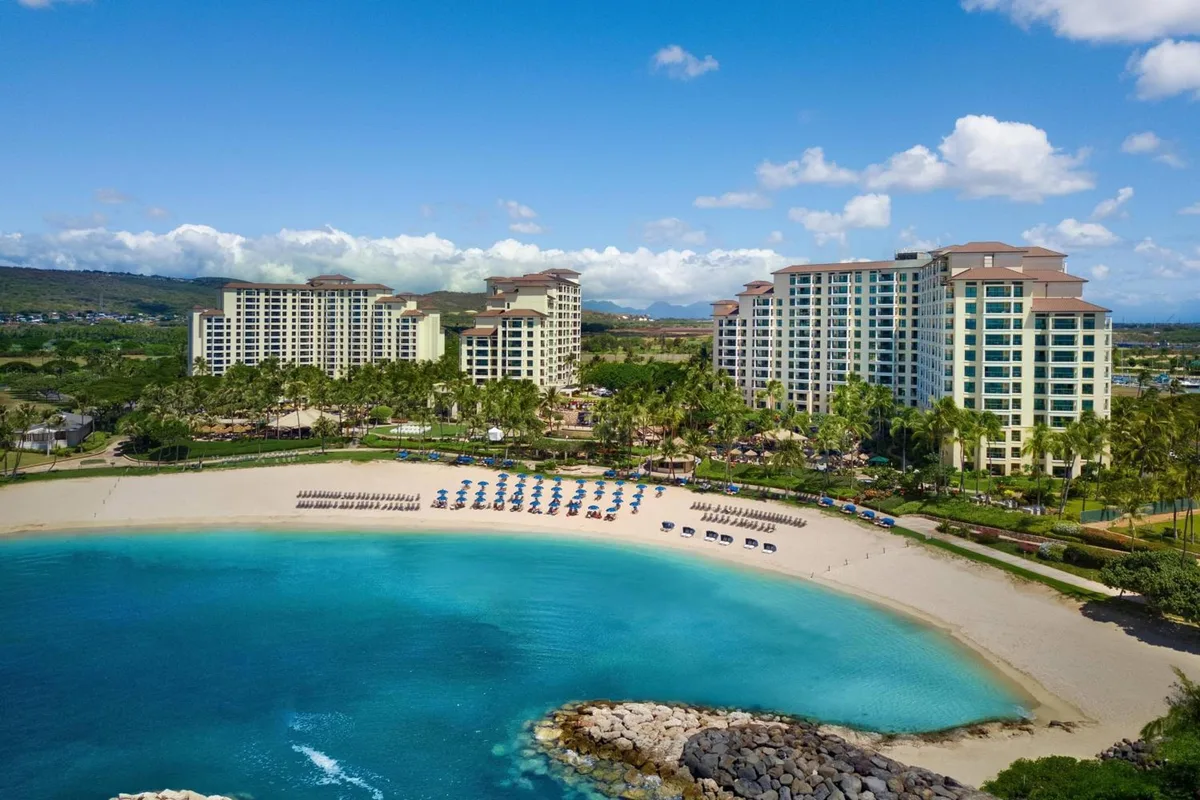 Marriott's Ko Olina Beach Club condo towers above a Ko Olina lagoon on Oahu's west side