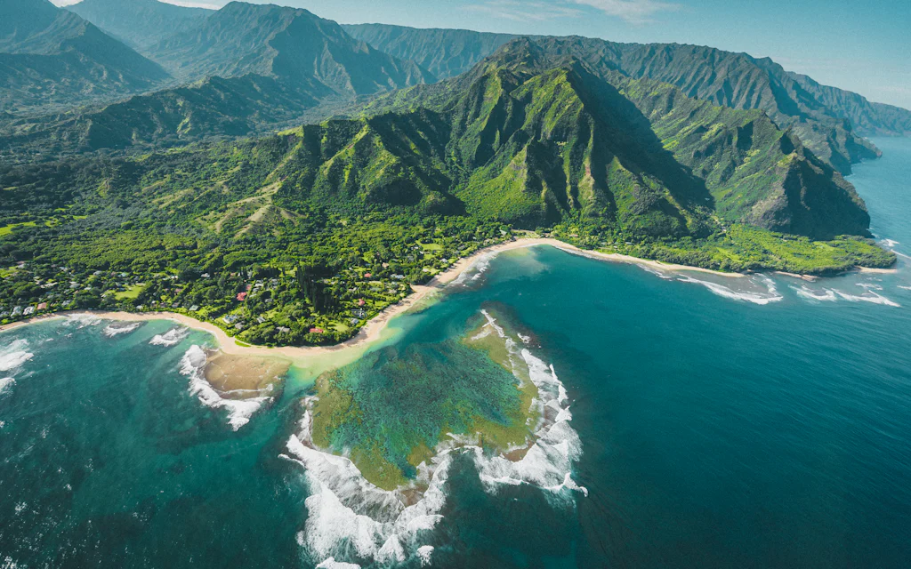 Aerial view of the Big Island's green and brown volcanic landscape