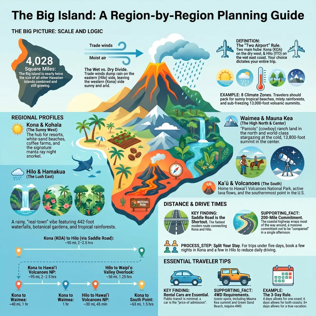 Region by region planning map of the Big Island of Hawaii showing Kona and Kohala, Hilo and Hamakua, Waimea and Mauna Kea, and Kau with Hawaii Volcanoes National Park, plus drive times and climate zones