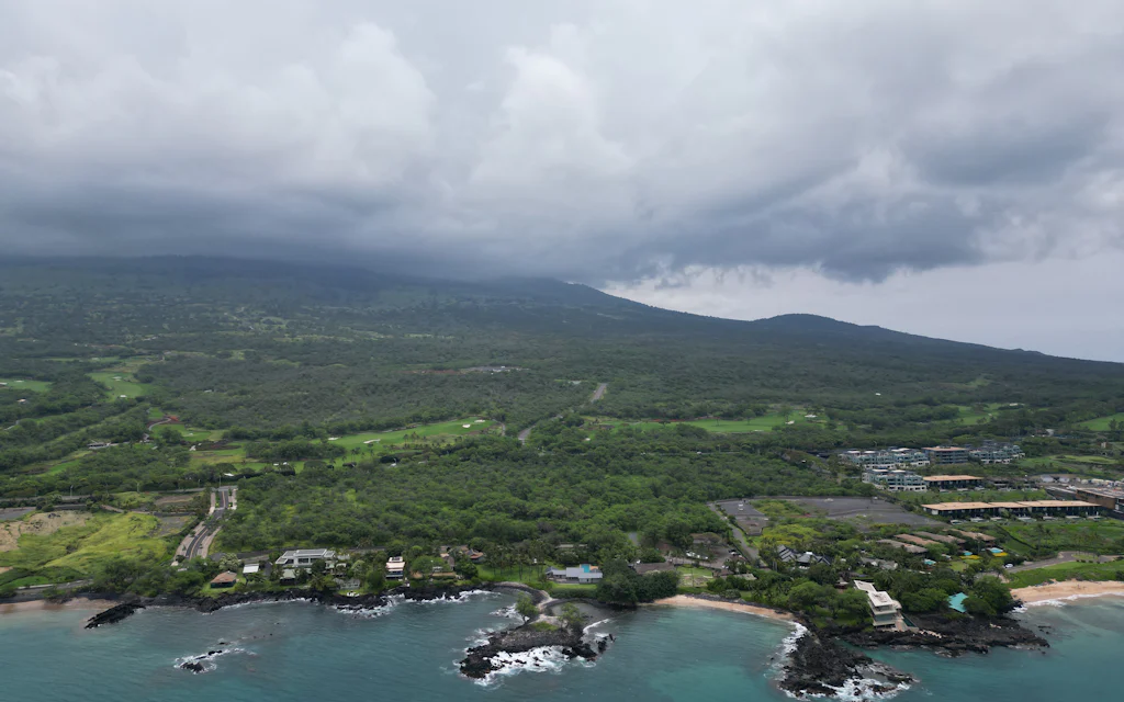 Aerial view of the Napili and Kapalua coast on the Maui map with Molokai across the channel