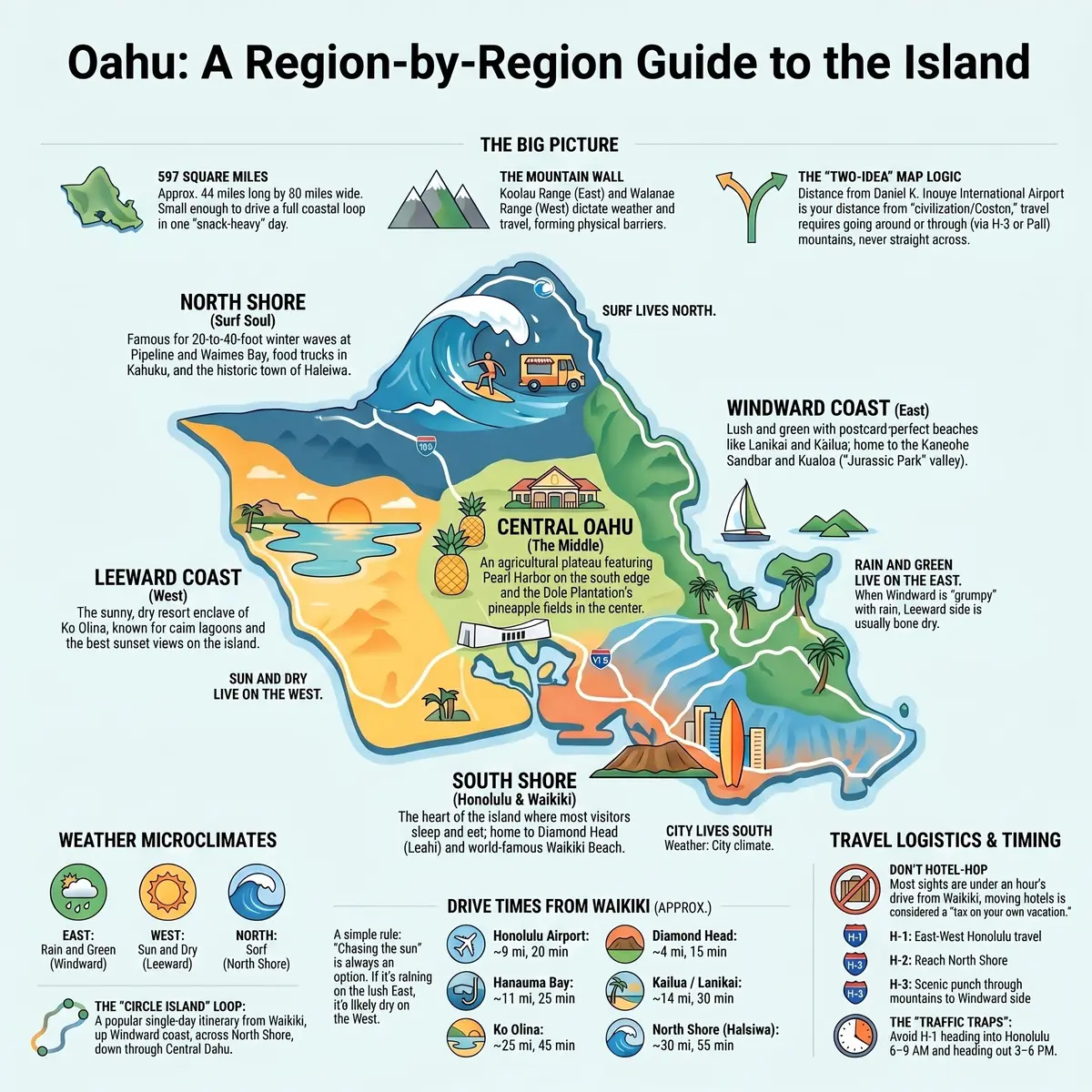 Region by region map of Oahu showing the five areas, North Shore, Windward Coast, Leeward Coast, Central Oahu and the South Shore, with drive times from Waikiki and the island's weather microclimates