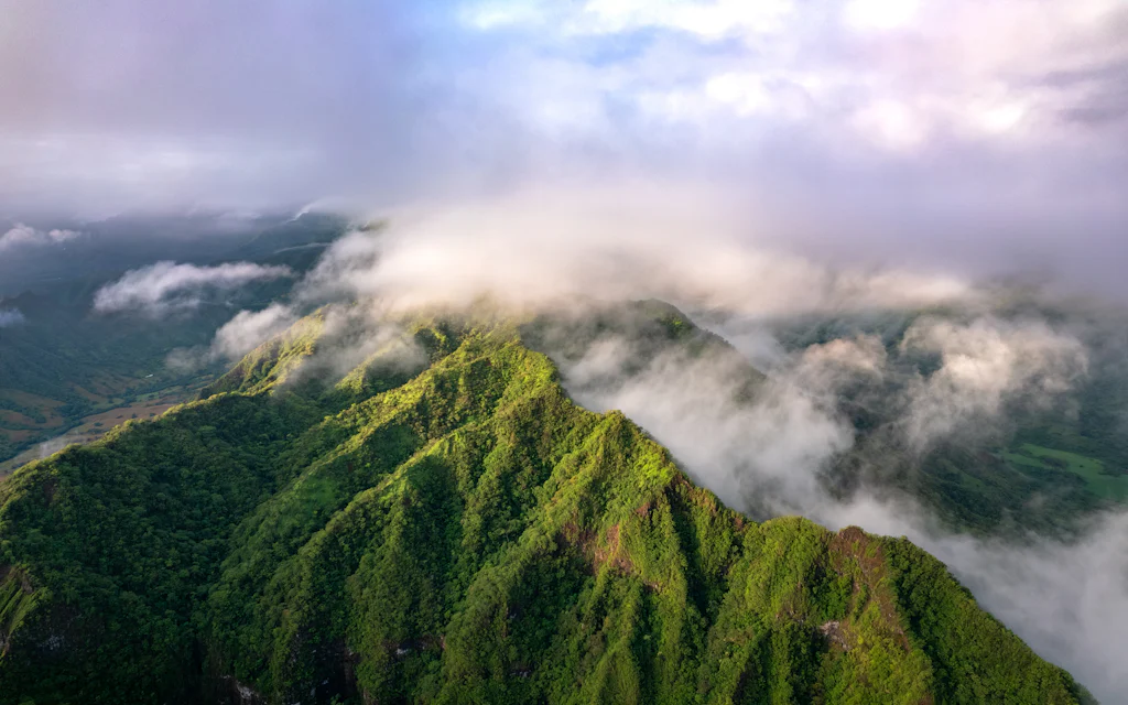 Aerial view of the green Koolau Range cliffs above windward Oahu near the Nuuanu Pali Lookout