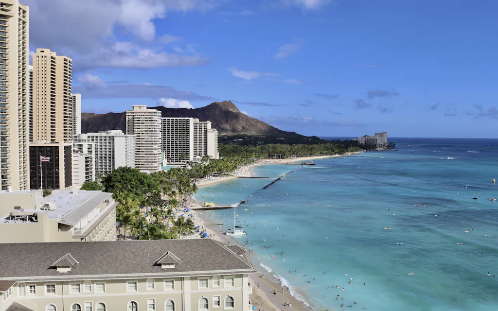 Waikiki Beach and the Honolulu shoreline on Oahu, the base for most Oahu itineraries