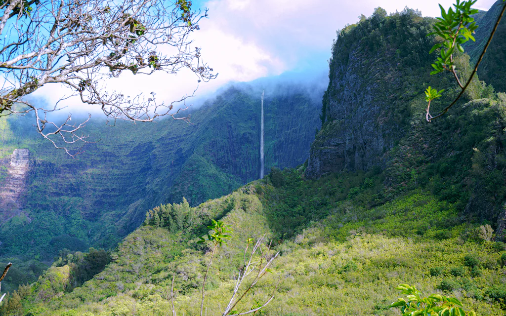 A tall waterfall cascading down a green valley like Sacred Falls on Oahu