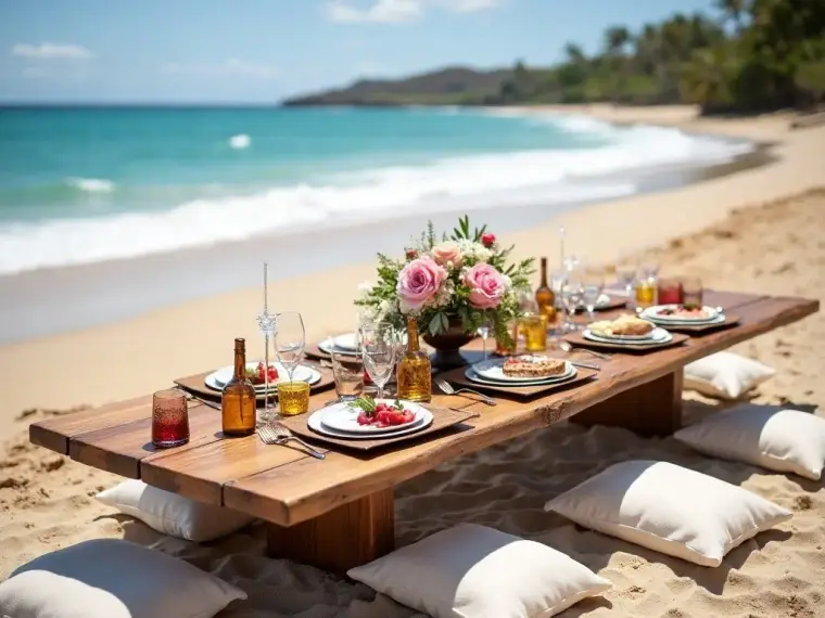 A styled group beach picnic table for a celebration