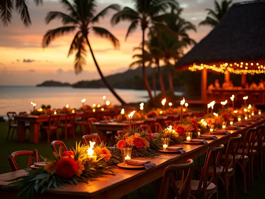 A Hawaiian luau at sunset with tiki torches and tropical florals on the Big Island