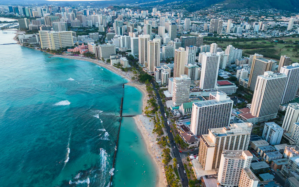 Aerial view of Waikiki and the Honolulu skyline along the south shore of Oahu