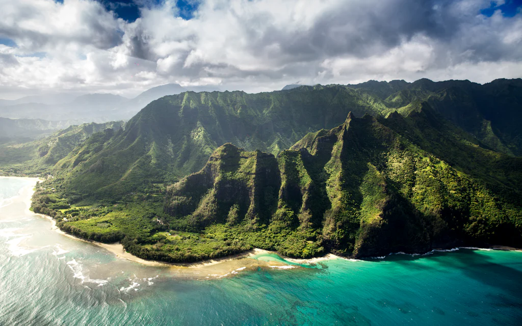 Aerial view of the green coastline of Kauai, Hawaii