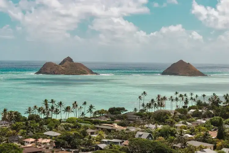 Aerial view of Lanikai Beach and the Mokulua Islands on Oahu, Hawaii