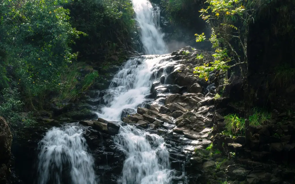 A tall jungle waterfall and cascade on Maui's Road to Hana, the kind of roadside stop Wailua Falls sits among